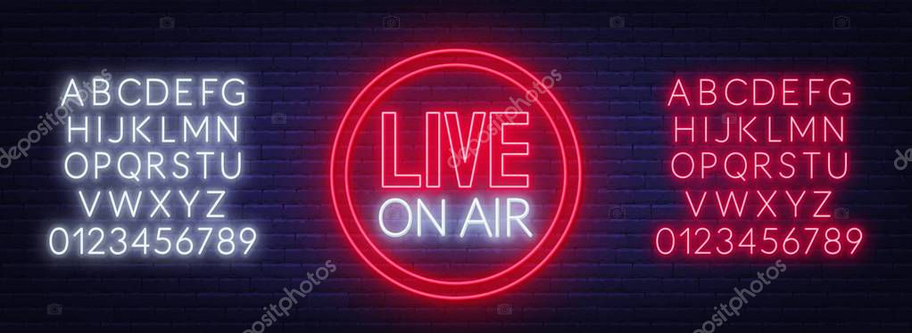 Live on air glowing sign on brick wall background. Template for design. Neon alphabet .