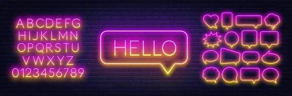 Neon gradient sign of word hello in speech bubble frame on dark background . Set of neon speech bubbles and the alphabet on a dark background. — Stock Vector