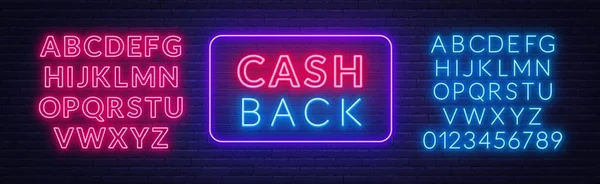 Cash Back Neon znak na tle muru ceglanego. Szablon do projektowania. Alfabet Neon . — Wektor stockowy