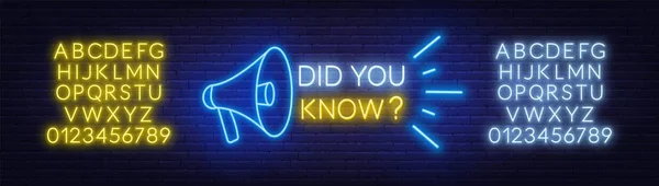 Neon işareti tuğla duvar arka planda megafon ile biliyor muydunuz. Neon alfabesi .