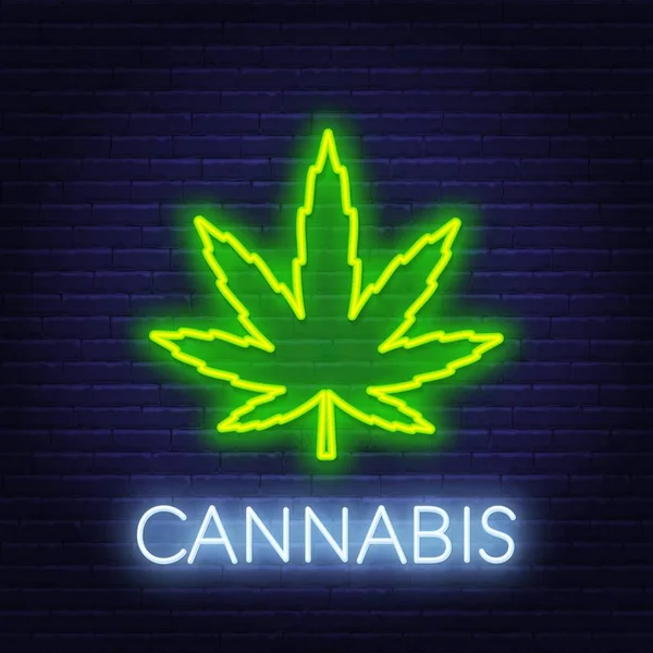 Cannabis neon segno su sfondo muro di mattoni . — Vettoriale Stock