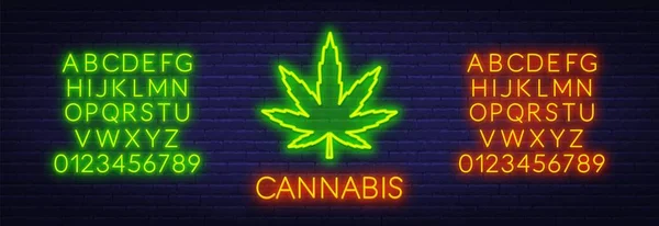 Cannabis-Leuchtreklame auf Backsteinmauer Hintergrund. Neon-Alphabet . — Stockvektor