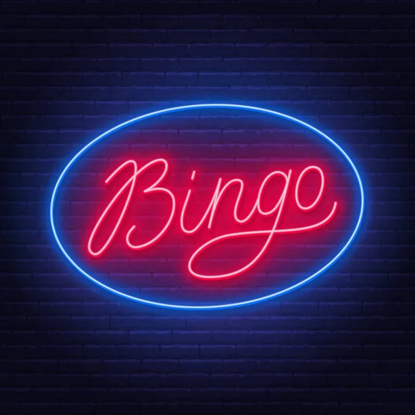 Bingo neon segno su sfondo muro di mattoni . — Vettoriale Stock