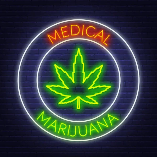 Marijuana medica insegna al neon sullo sfondo muro di mattoni . — Vettoriale Stock