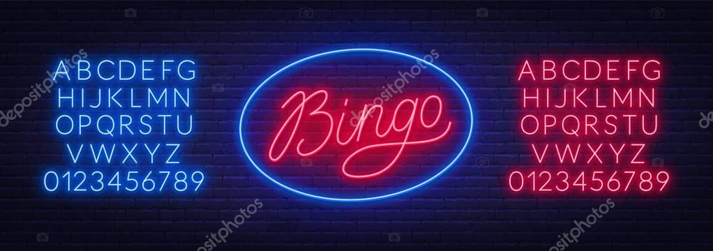 Bingo neon sign on brick wall background. Neon alphabet . Vector illustration.