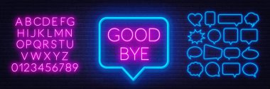 Neon karanlık arka plan üzerinde konuşma kabarcık çerçeve içinde iyi veda işareti. Neon konuşma kabarcıkları ve koyu bir arka plan üzerinde alfabe seti.