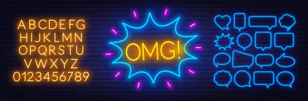 Neon sign omg in frame on dark background. Set of neon speech bubbles and the alphabet on a dark background. — Stock Vector