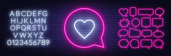 Neon teken zoals. Set van neon Speech Bubbles en het alfabet op een donkere achtergrond. — Stockvector