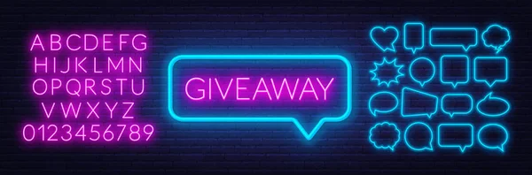 Neonskylt Giveaway. Uppsättning av Neon pratbubblor och alfabetet på en mörk bakgrund. — Stock vektor