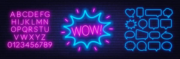 Neon znak wow. Zestaw neonowych pęcherzyków mowy i alfabetu na ciemnym tle. — Wektor stockowy