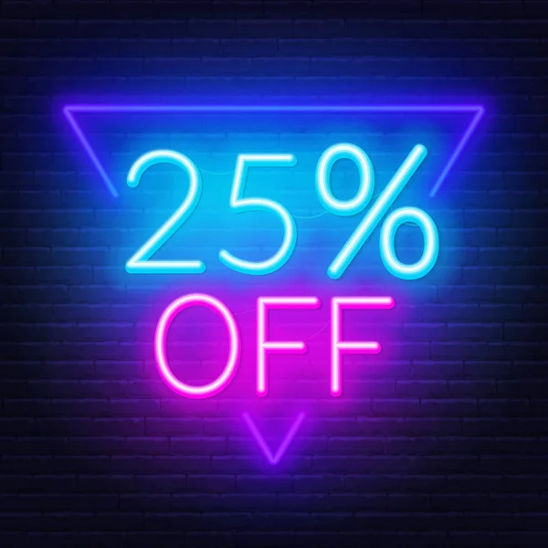 25% z neonové nápisy na pozadí cihlové zdi — Stockový vektor