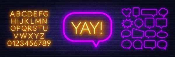 Neon sign yay in frame on dark background. Set of neon speech bubbles and the alphabet on a dark background. — Stock Vector