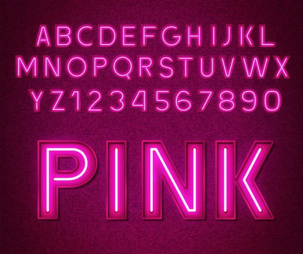 Νέον λαμπερά ροζ 3D γράμματα και αριθμούς. — Διανυσματικό Αρχείο