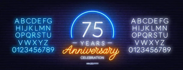 75th aniversário celebração sinal de néon no fundo escuro . — Vetor de Stock