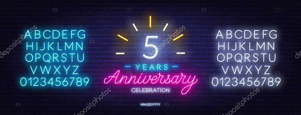 5th anniversary celebration neon sign on dark background. Neon alphabet . Template for invitation or greeting card.