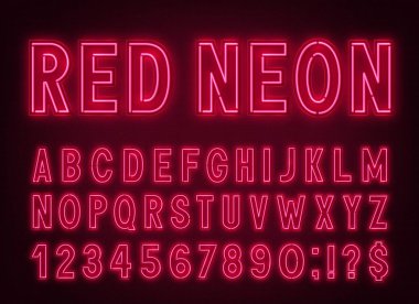 Neon kırmızı yazı tipi, sayılı hafif alfabe.