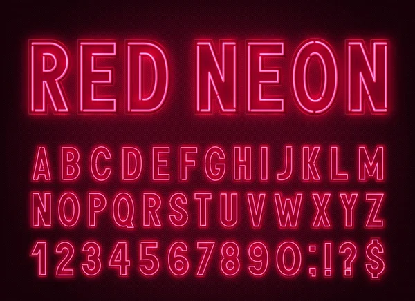 Fonta merah neon, alfabet ringan dengan angka. - Stok Vektor