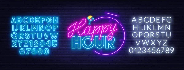 Happy hour neon sign on dark background. — Stock Vector