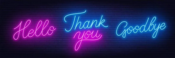 Neon letters dank u, hallo en tot ziens op een donkere achtergrond. — Stockvector