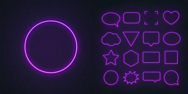 Krąg, kwadrat, bańka mowy, gwiazda, trójkąt, serce, sześciokąt i inne świecące fioletowe neony na ciemnym, przezroczystym tle. — Wektor stockowy