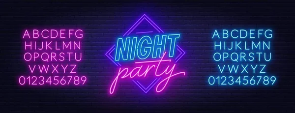 Neon sign Night party on brick wall background — Stock Vector