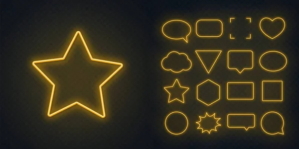 Krąg, kwadrat, bańka mowy, gwiazda, trójkąt, serce, sześciokąt i inne świecące żółte neony na ciemnym, przezroczystym tle. — Wektor stockowy