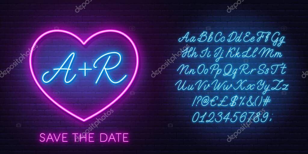 Neon initials in the heart. Neon blue script font. Glowing symbol of love. The template can be used for a wedding invitation or a Valentines Day card .