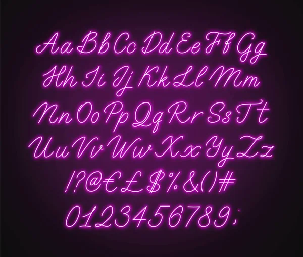 Neon roze schrift alfabet. Gloeiend cursief lettertype met letters, cijfers en speciale tekens. — Stockvector