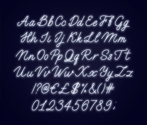 Neon wit schrift alfabet. Gloeiend cursief lettertype met letters, cijfers en speciale tekens. — Stockvector