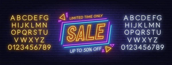 Sale neon sign on brick wall background. Special Offer neon banner. — Stock Vector