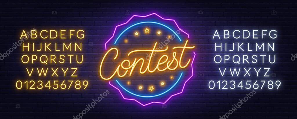 Contest neon sign with stars on brick wall background. White and yellow neon alphabets.