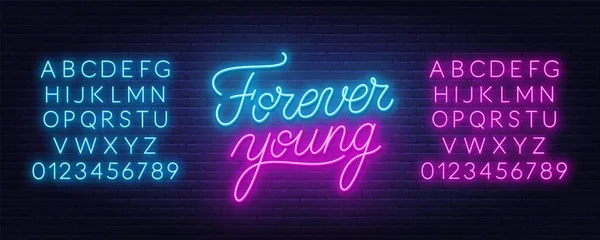 Per sempre giovane messaggio al neon. Citazione motivazionale lettering. — Vettoriale Stock