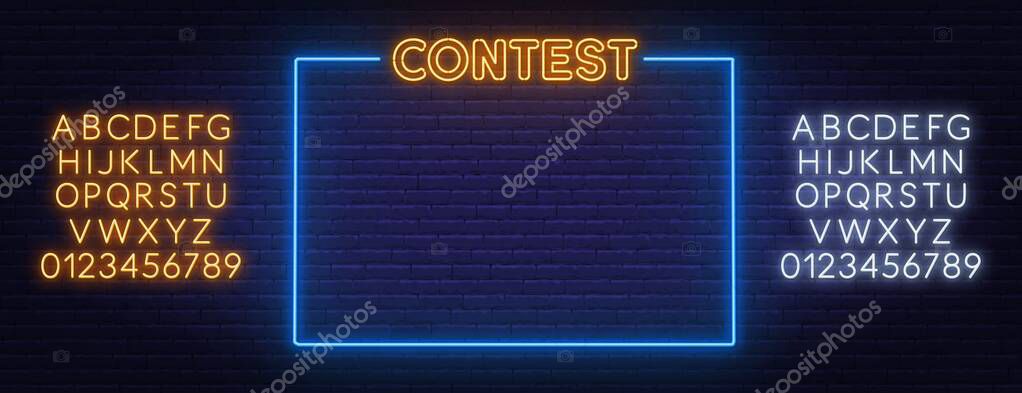 Contest neon text in frame on brick wall background. Template. White and yellow neon alphabets.