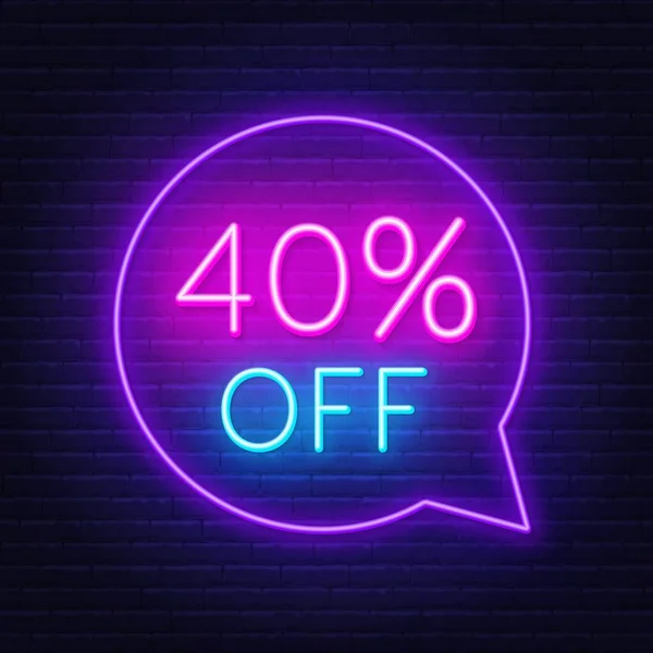 40 pour cent discount néon signe sur fond de mur de brique — Image vectorielle