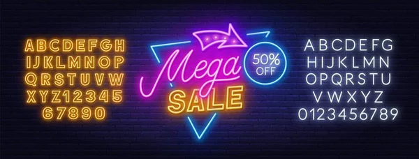 Mega Sale enseigne au néon sur fond de mur de briques. Modèle de rabais. — Image vectorielle