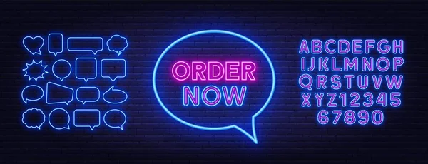 Order now neon sign on a brick background. Template for a design with speech bubble frames. — Stock Vector