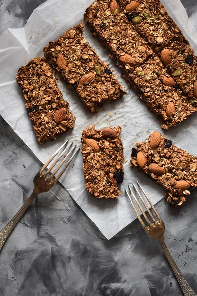 Healthy sugar free dessert. Oatmeal granola bars with almonds an