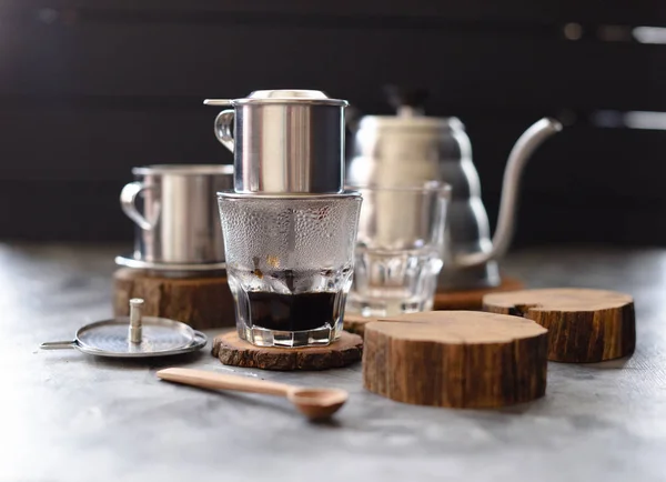 Vietnamese black drip coffee. Traditional Vietnamese coffee make