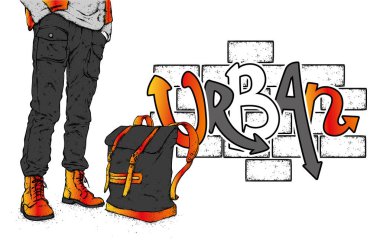 Bir adam şık ayakkabı, pantolon ve bir sırt çantası ile. Yürümek, trek veya seyahat. Hippi. Giysi ve aksesuarları. Vektör çizim.