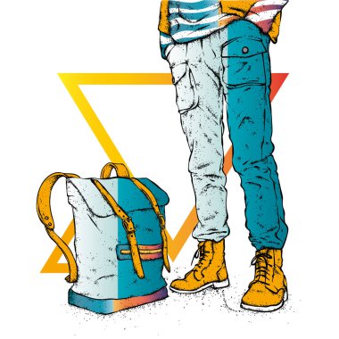 Bir adam şık ayakkabı, pantolon ve bir sırt çantası ile. Yürümek, trek veya seyahat. Hippi. Giysi ve aksesuarları. Vektör çizim.