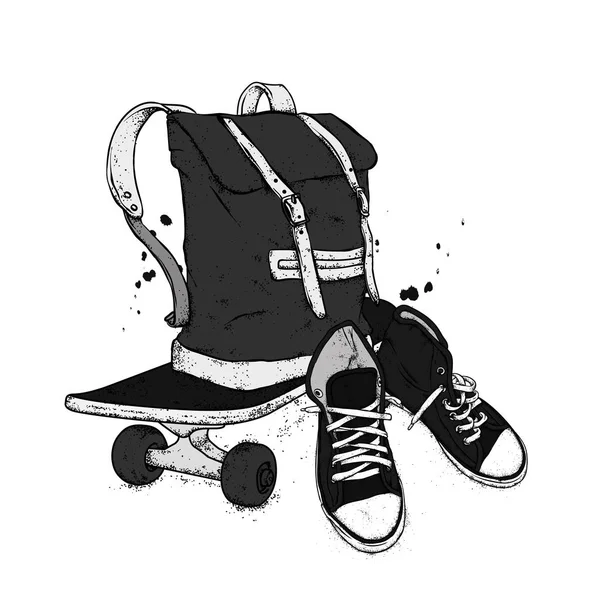 Stylish backpack, skateboard and sneakers. Sports, clothing and accessories. Street style. Vector.
