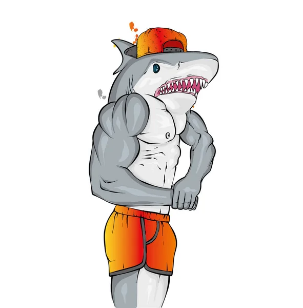 Bir Köpekbalığının Kafası Olan Bir Adam Atlet Büyük Kaslı Vücut — Stok Vektör