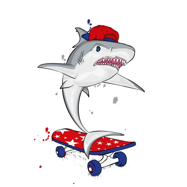 Stylish Skater Shark Cap Skateboard Vector Illustration Postcard Poster Print — Stock Vector