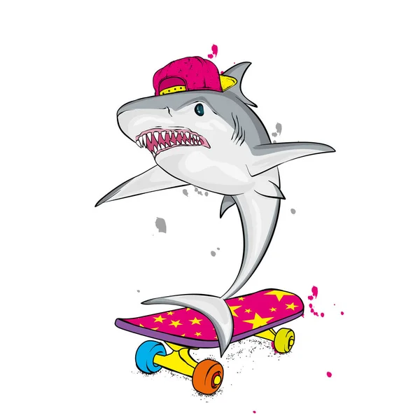Elegantní Bruslař Žralok Čepici Skateboard Vektorové Ilustrace Pro Pohlednici Nebo — Stockový vektor