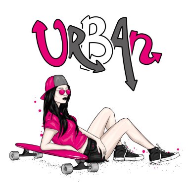 Kot pantolon ve spor ayakkabı giyen şık bir patenci. Kaykay mı? Bir kartpostal ya da poster için vektör çizimi, giysiler için baskı. Sokak kültürleri.