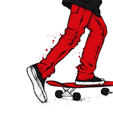 Kot pantolon ve spor ayakkabı giyen şık bir patenci. Kaykay mı? Bir kartpostal ya da poster için vektör çizimi, giysiler için baskı. Sokak kültürleri.