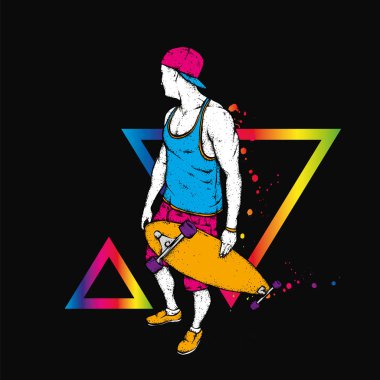 Kot pantolon ve spor ayakkabı giyen şık bir patenci. Kaykay mı? Bir kartpostal ya da poster için vektör çizimi, giysiler için baskı. Sokak kültürleri.