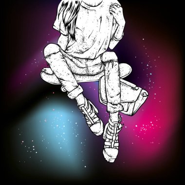 Kot pantolon ve spor ayakkabı giyen şık bir patenci. Kaykay mı? Bir kartpostal ya da poster için vektör çizimi, giysiler için baskı. Sokak kültürleri.