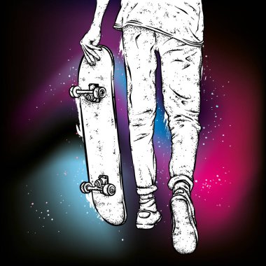 Kot pantolon ve spor ayakkabı giyen şık bir patenci. Kaykay mı? Bir kartpostal ya da poster için vektör çizimi, giysiler için baskı. Sokak kültürleri.