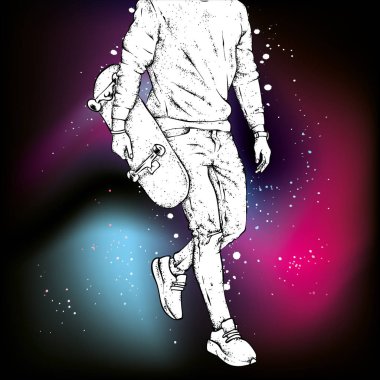 Kot pantolon ve spor ayakkabı giyen şık bir patenci. Kaykay mı? Bir kartpostal ya da poster için vektör çizimi, giysiler için baskı. Sokak kültürleri.